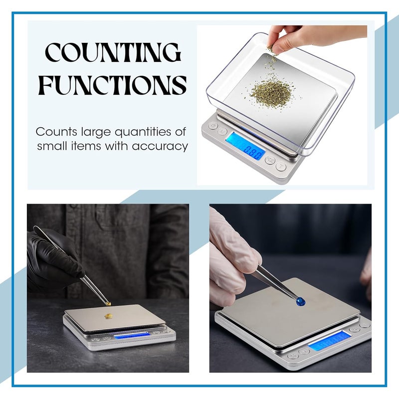 Copkim 2 Pack Digital Gram Scale 500g/0.01g, Portable Jewelry Food Scale with 20g Calibration Weight Accessories, Tweezers, LCD Display High Precision Kitchen Multifunctional Stainless Steel - Image 3